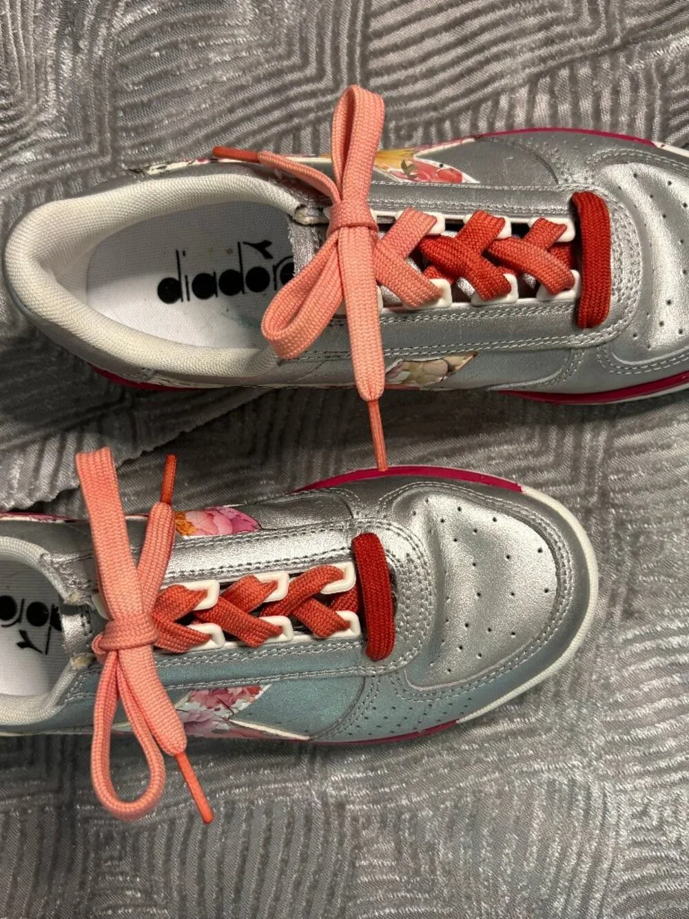 Diadora Women 6 Metalic Silver Sneakers Hand-Embellished Floral Design